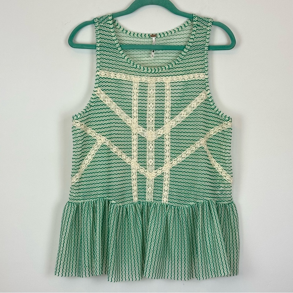 Free People Semi Sheer Crochet Turquoise Ivory Cut Out Peplum Boho Top M - Picture 3 of 13